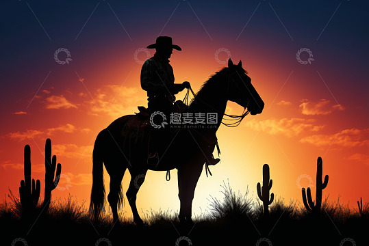 夕阳下牛仔骑马剪影
