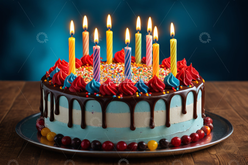 高清大图下载【趣麦麦图】装饰精美的生日蛋糕配点燃蜡烛
