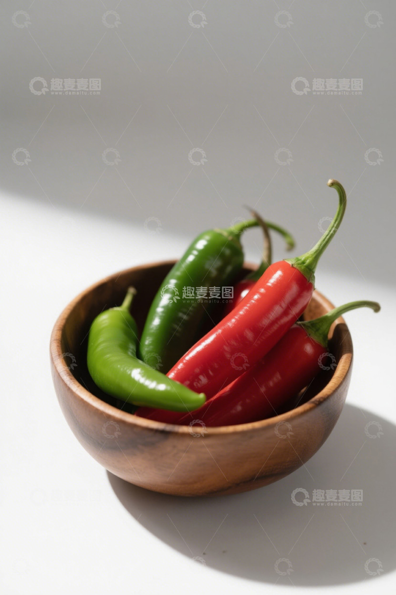 高清大图下载【趣麦麦图】木碗中红绿辣椒特写