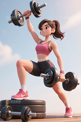 卡通女孩户外举哑铃健身