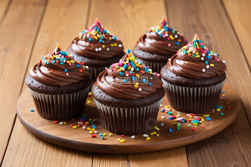 高清大图下载【趣麦麦图】木盘上的巧克力纸杯蛋糕