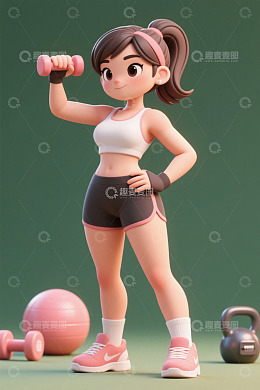 卡通女性举哑铃健身场景