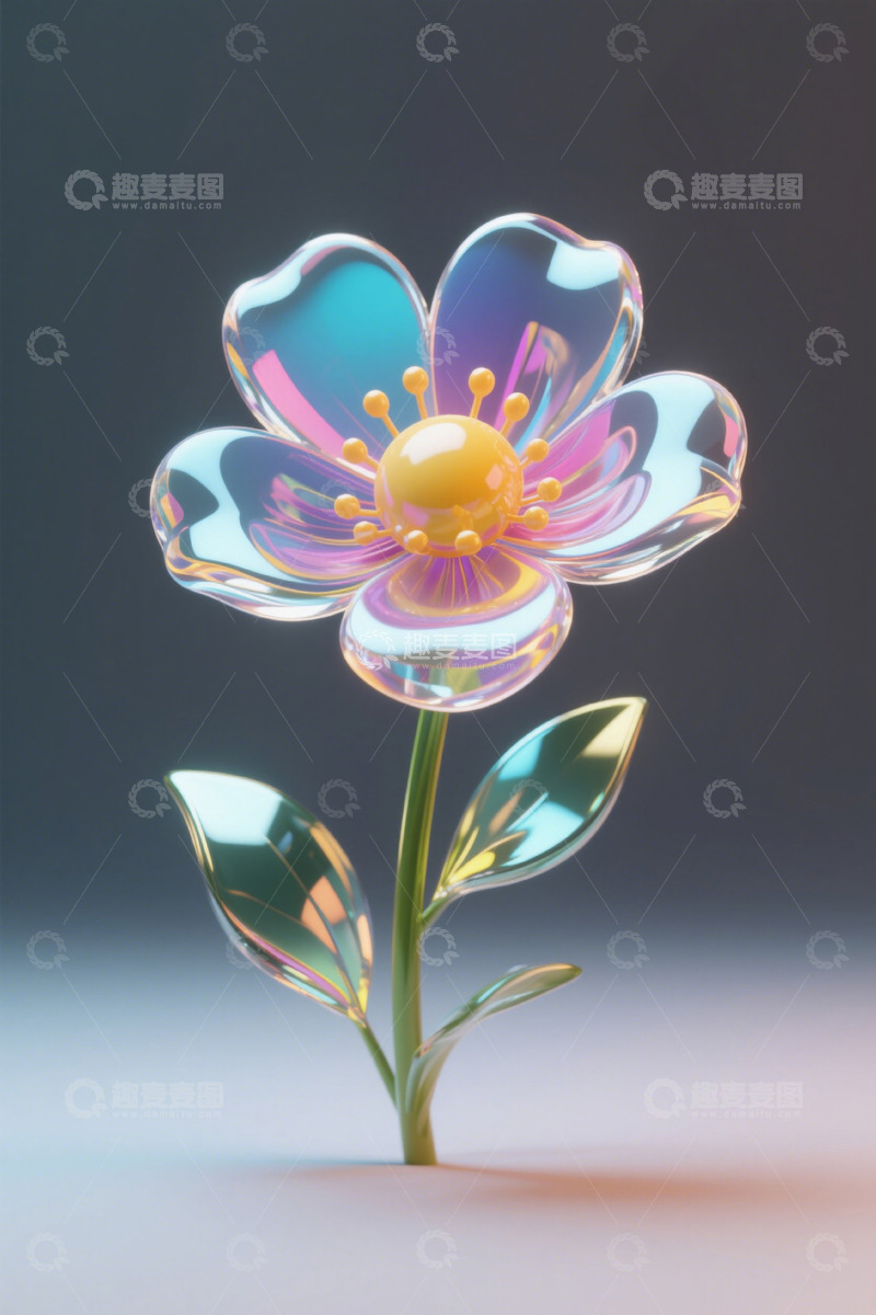 高清大图下载【趣麦麦图】透明质感花朵3D渲染素材