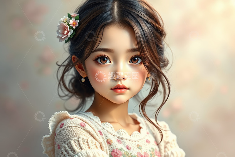 高清大图下载【趣麦麦图】可爱女孩花卉发饰特写