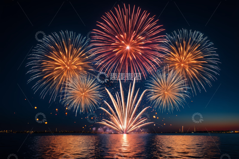 高清大图下载【趣麦麦图】夜空下湖面绽放的绚烂烟花