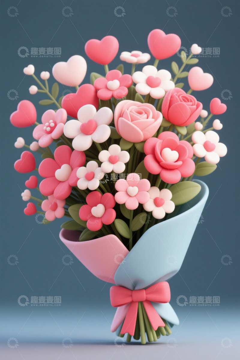 高清大图下载【趣麦麦图】粉色爱心花朵卡通花束
