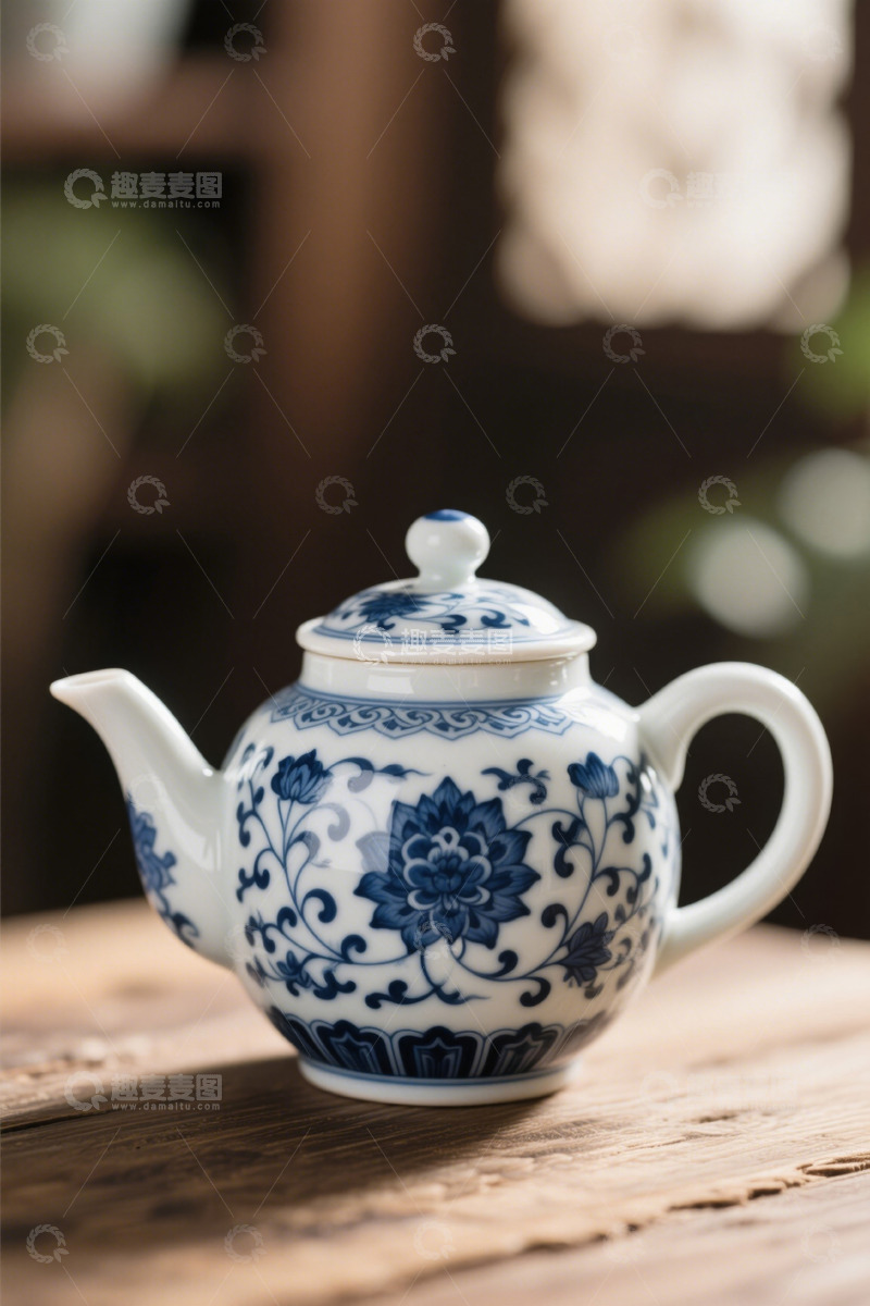 高清大图下载【趣麦麦图】中式青花瓷茶壶特写