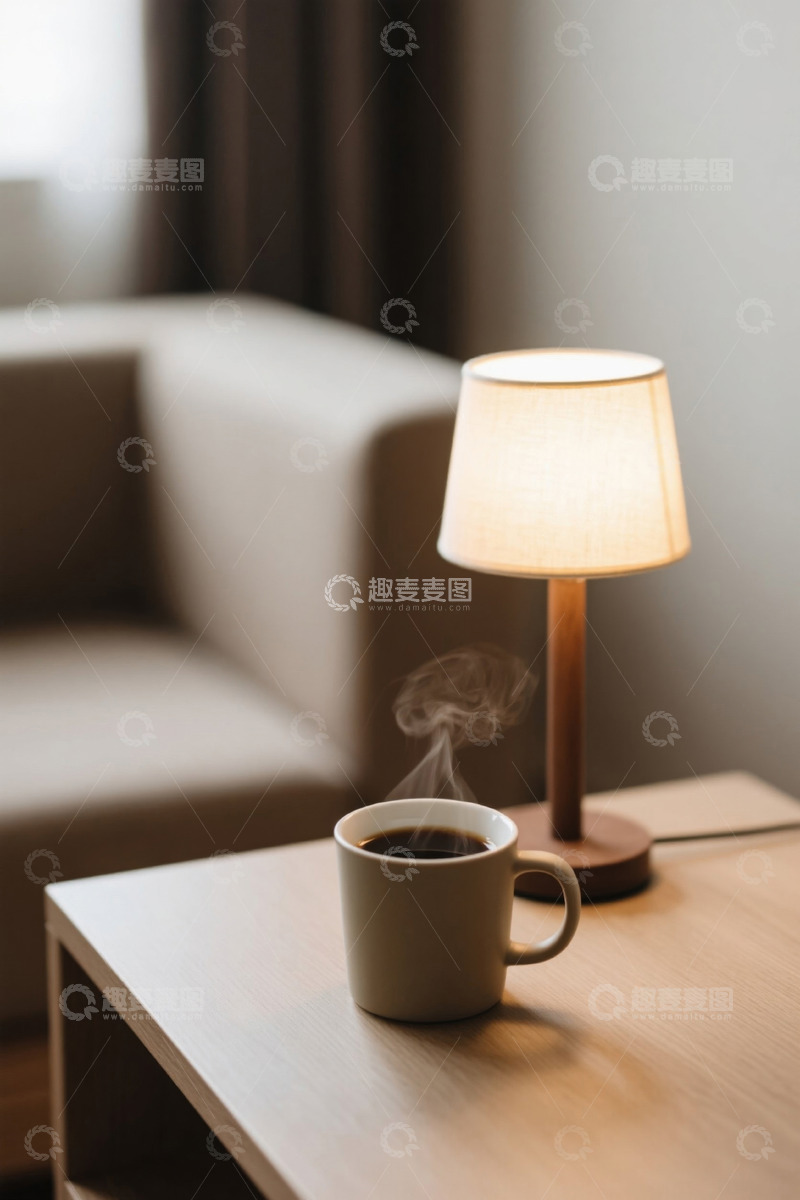 高清大图下载【趣麦麦图】台灯旁木桌上的热咖啡