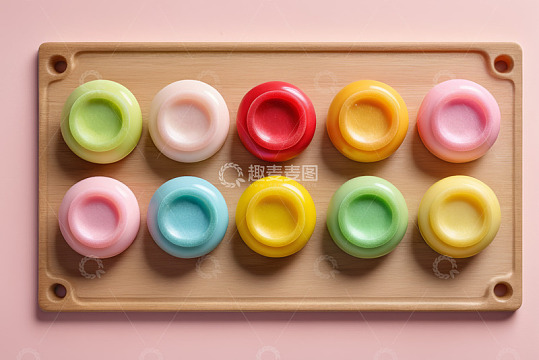 彩色物品排列在木质托盘上