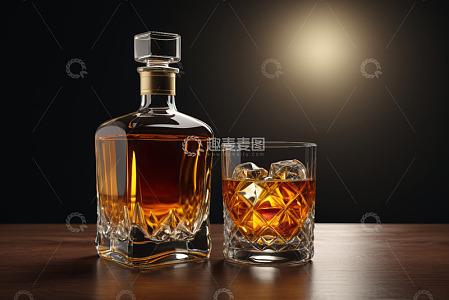 木桌上的威士忌酒瓶与加冰酒杯