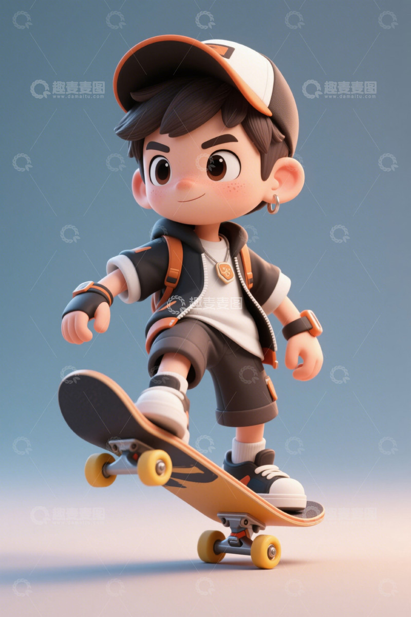 高清大图下载【趣麦麦图】卡通男孩玩滑板场景