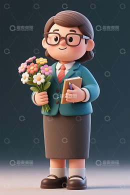 手持鲜花与书本的卡通女教师
