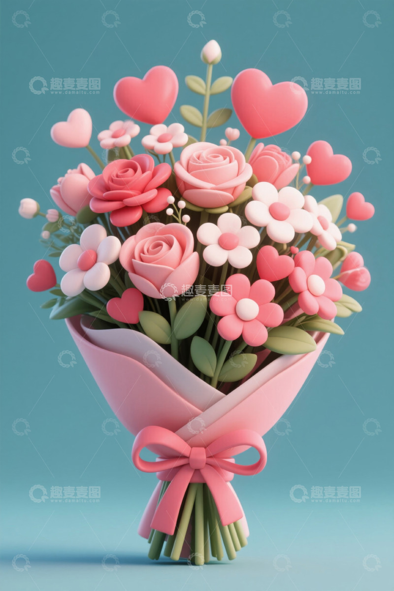高清大图下载【趣麦麦图】粉色系爱心花朵花束素材