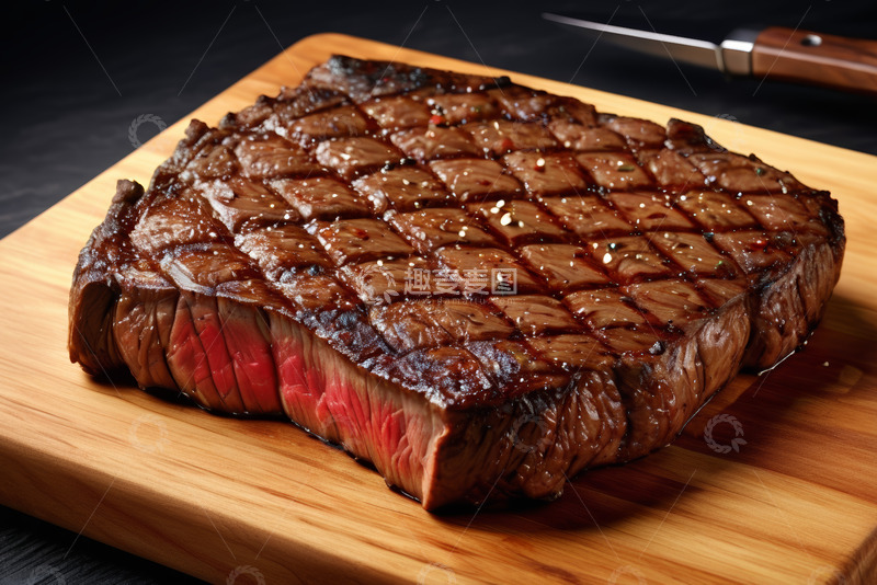 高清大图下载【趣麦麦图】砧板上的烤牛排美食素材