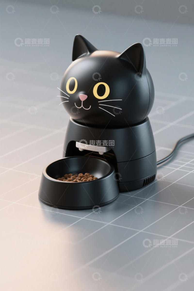 高清大图下载【趣麦麦图】黑猫造型宠物自动喂食器