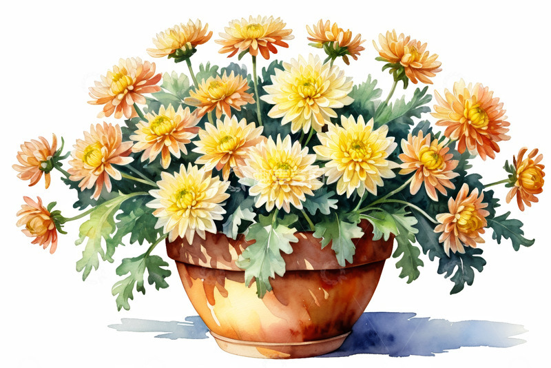 高清大图下载【趣麦麦图】陶盆中盛开的黄色菊花插画