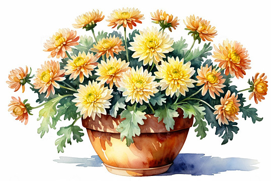 陶盆中盛开的黄色菊花插画