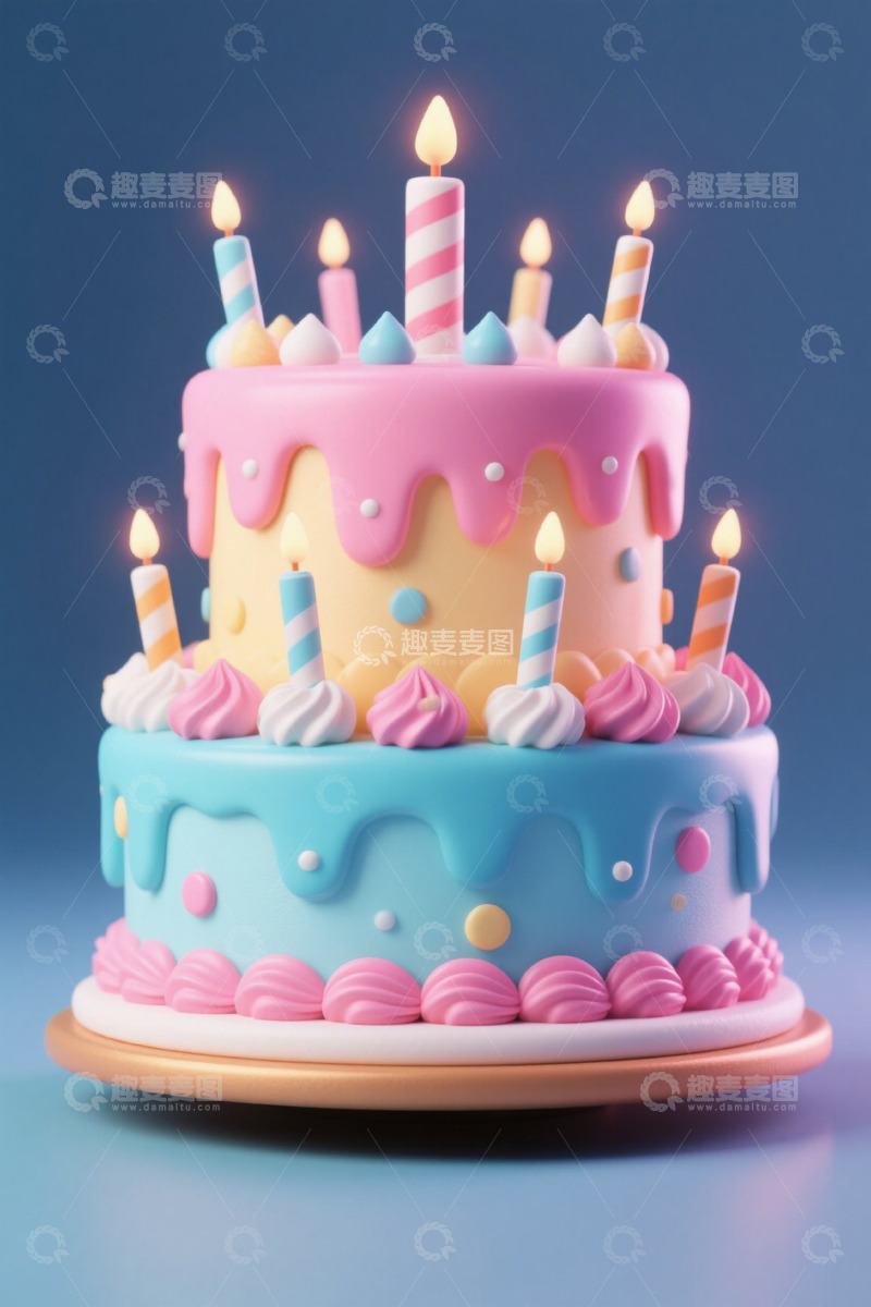 高清大图下载【趣麦麦图】多层生日蛋糕配点燃蜡烛