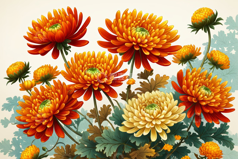 高清大图下载【趣麦麦图】橙黄色菊花插画