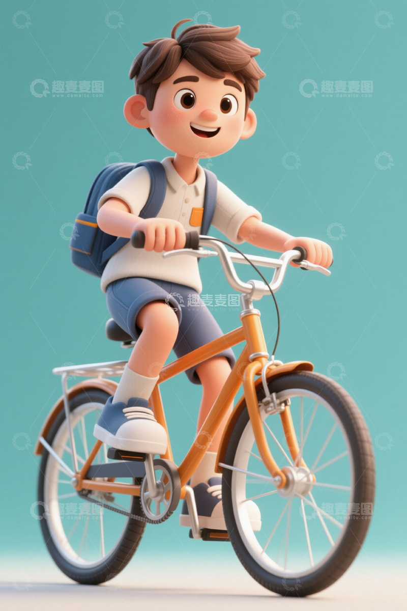 高清大图下载【趣麦麦图】卡通男孩骑自行车上学场景
