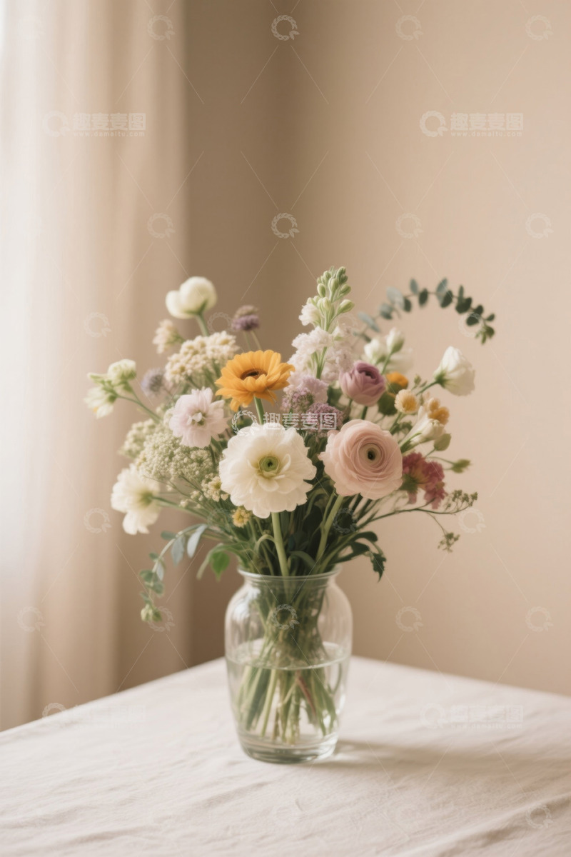 高清大图下载【趣麦麦图】玻璃花瓶中的多彩花卉装饰
