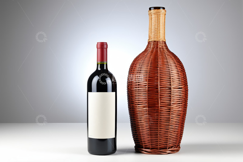 高清大图下载【趣麦麦图】葡萄酒瓶与藤编酒瓶展示