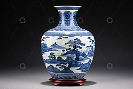 青花瓷瓶山水图案特写