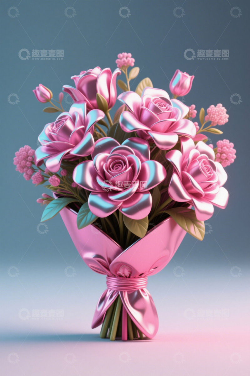 高清大图下载【趣麦麦图】粉色金属质感玫瑰花束