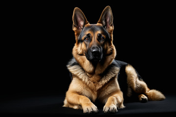 德国牧羊犬趴卧黑色背景特写