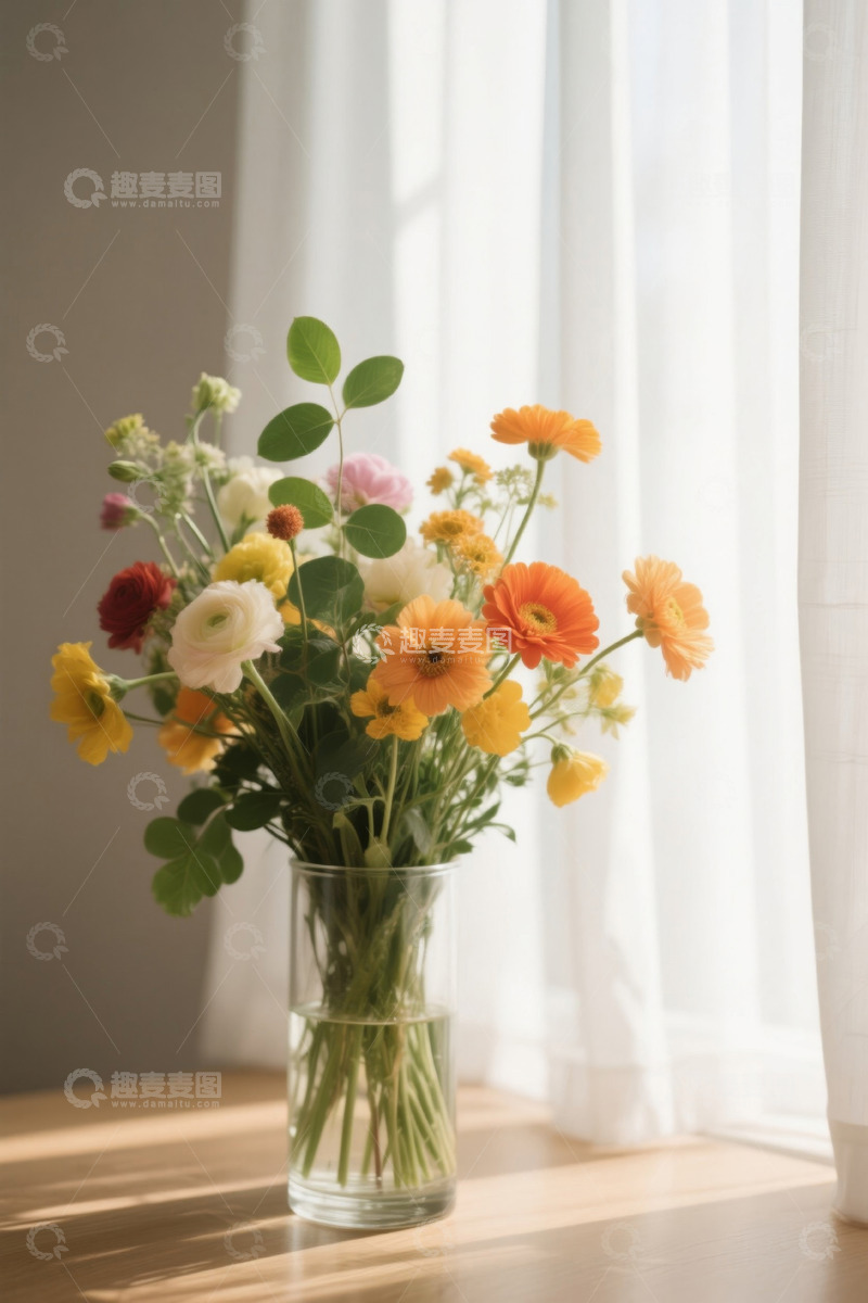 高清大图下载【趣麦麦图】窗边花瓶中的多彩鲜花