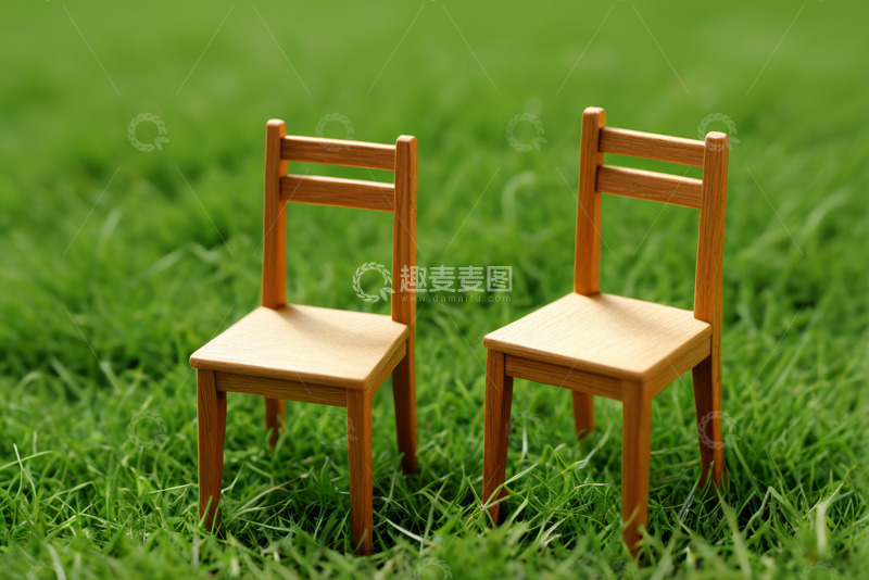 高清大图下载【趣麦麦图】草地上的两把微型木椅