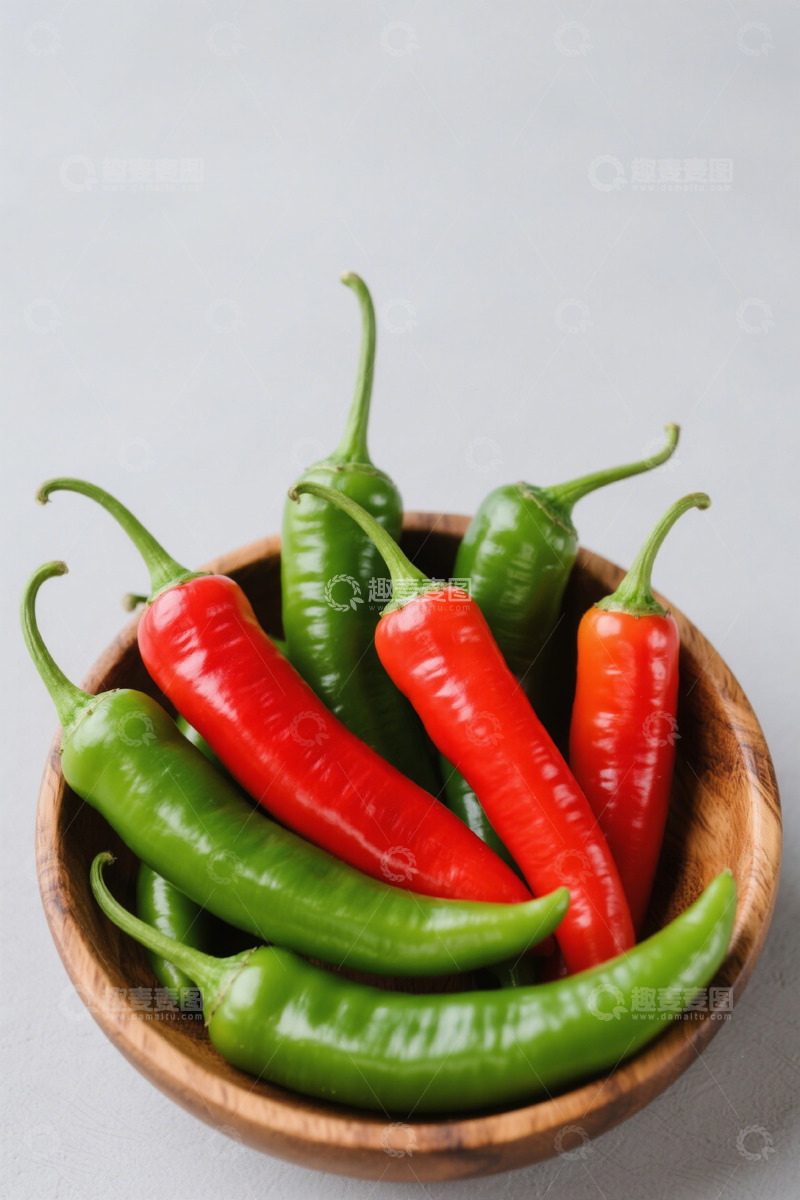 高清大图下载【趣麦麦图】木碗中红绿相间的新鲜辣椒