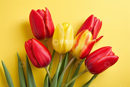 黄色背景上的红黄郁金香花束
