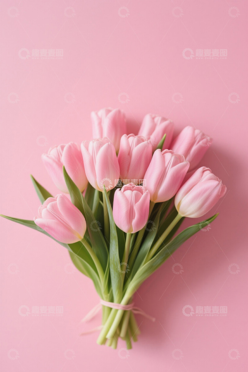 高清大图下载【趣麦麦图】粉色背景上的粉色郁金香花束
