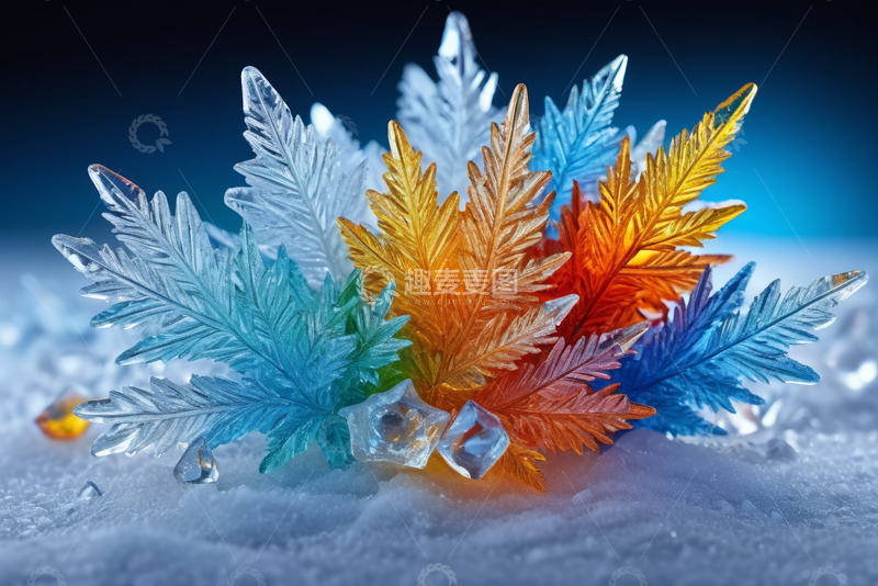 高清大图下载【趣麦麦图】彩色冰晶雪花特写