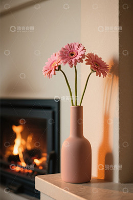 壁炉旁花瓶中的粉色花朵