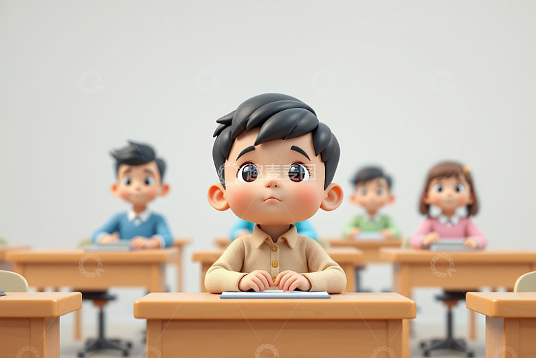 教室里的卡通学生上课场景