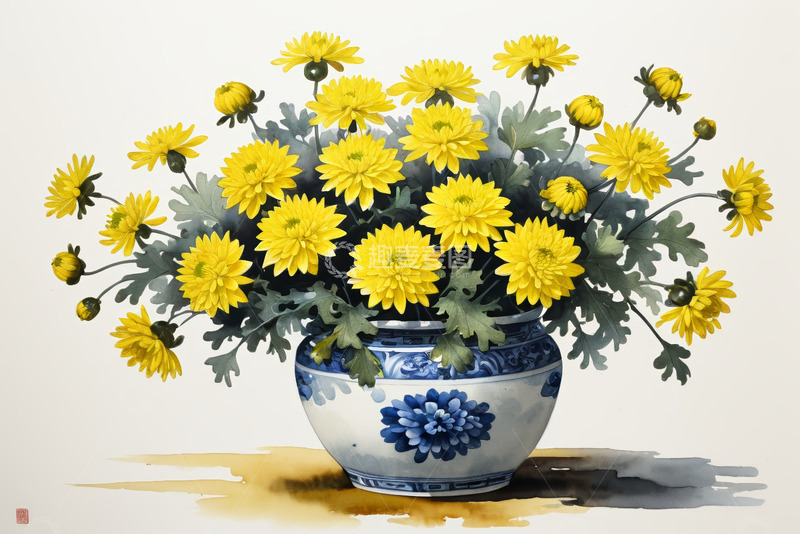 高清大图下载【趣麦麦图】青花瓷瓶中的黄色菊花