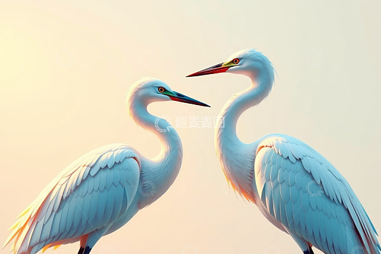 两只白鹭相对而立画面