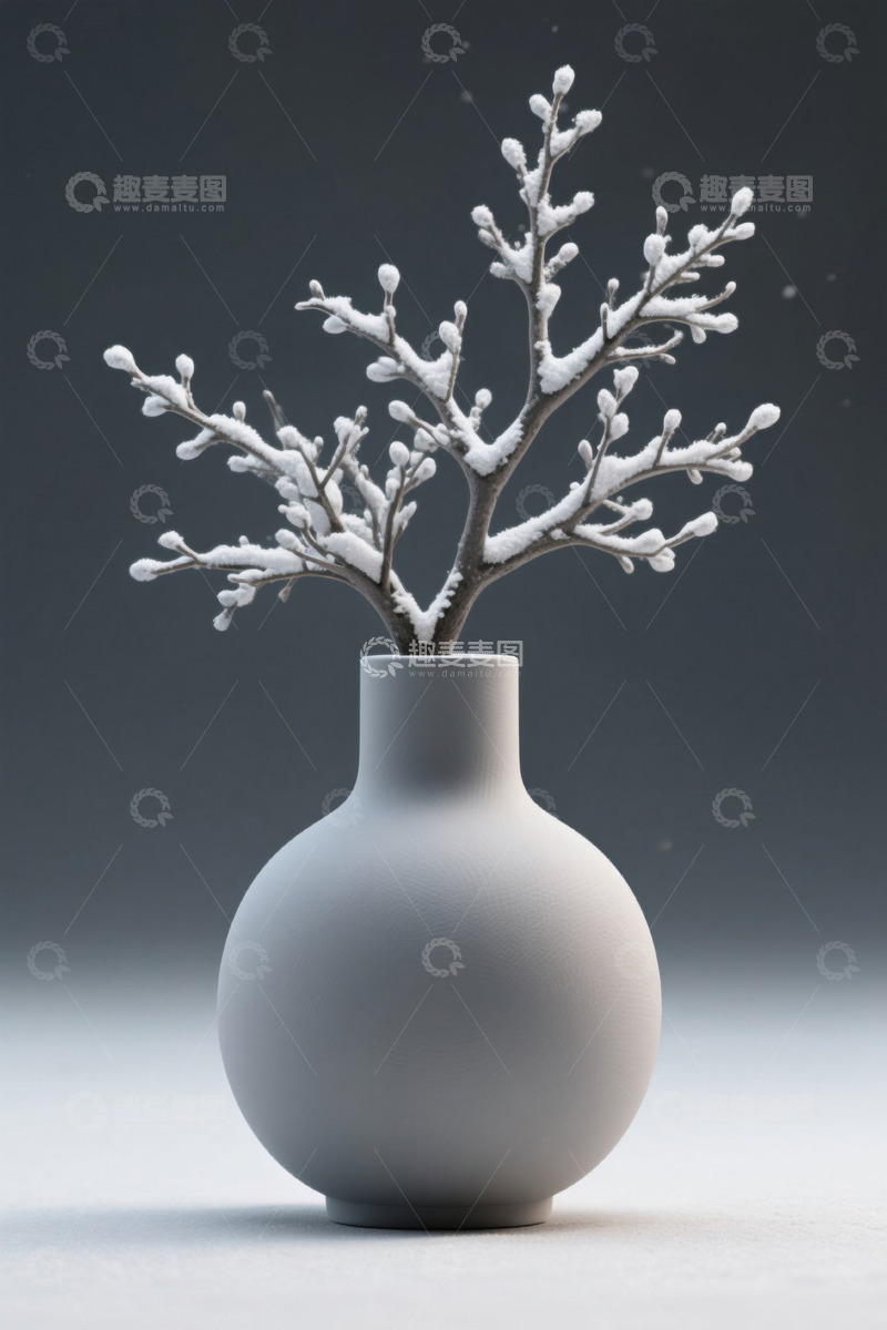 高清大图下载【趣麦麦图】白色花瓶中插着覆雪树枝