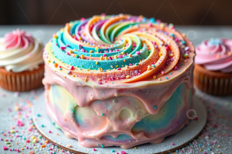 高清大图下载【趣麦麦图】多彩彩虹蛋糕及纸杯蛋糕特写