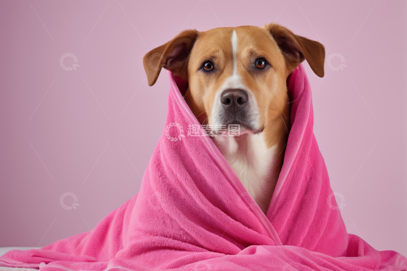 高清大图下载【趣麦麦图】裹着粉色毯子的狗
