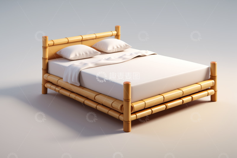 高清大图下载【趣麦麦图】竹制床搭配枕头床垫展示