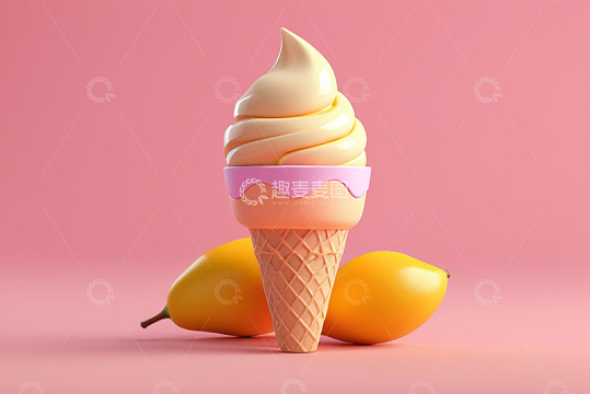 粉色背景的冰淇淋与水果