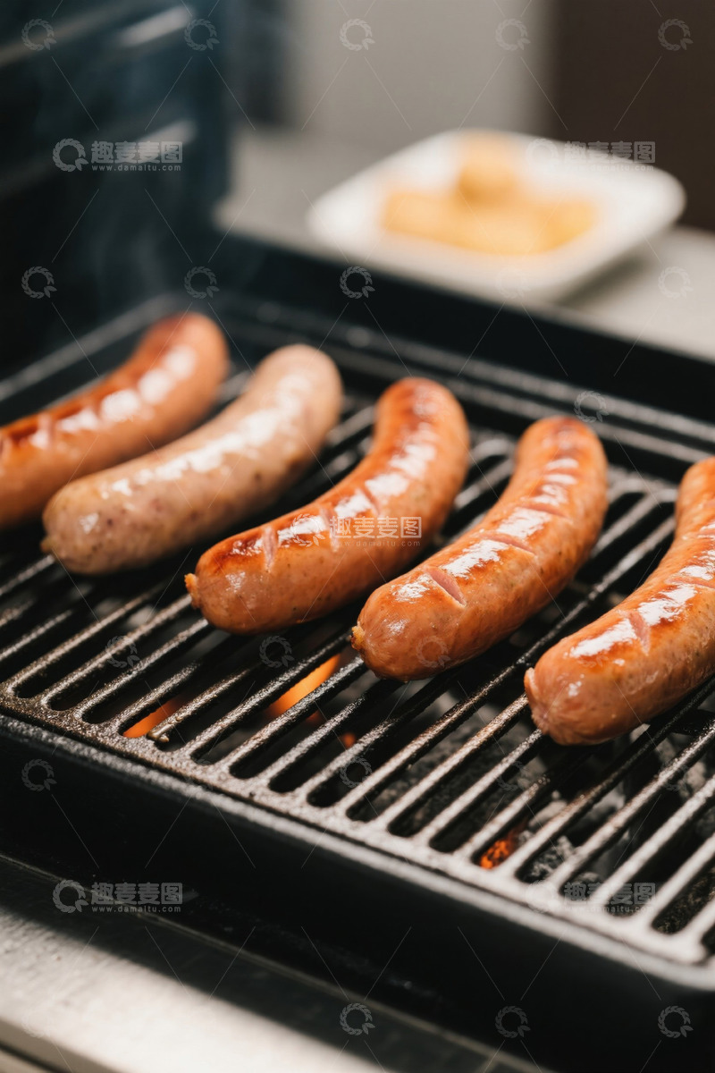 高清大图下载【趣麦麦图】烤架上烤制中的香肠