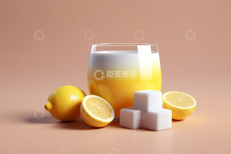 玻璃杯装柠檬饮料与柠檬方糖