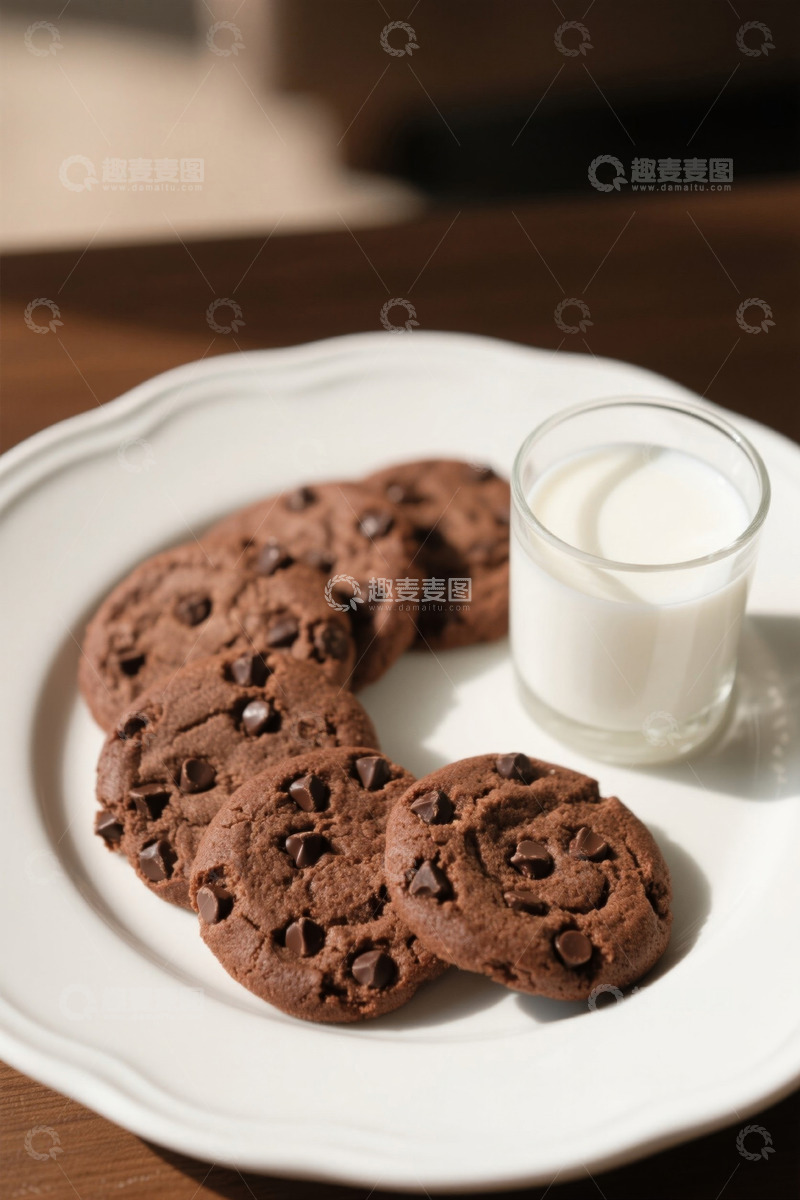 高清大图下载【趣麦麦图】盘子上的巧克力饼干与牛奶