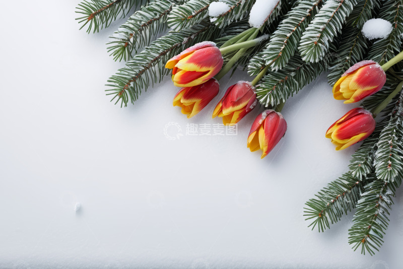 高清大图下载【趣麦麦图】雪中松枝与红黄郁金香