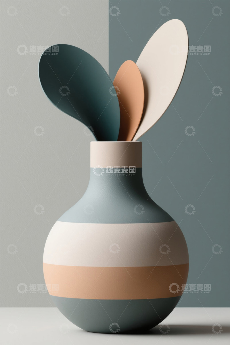 高清大图下载【趣麦麦图】简约条纹花瓶与抽象叶片装饰