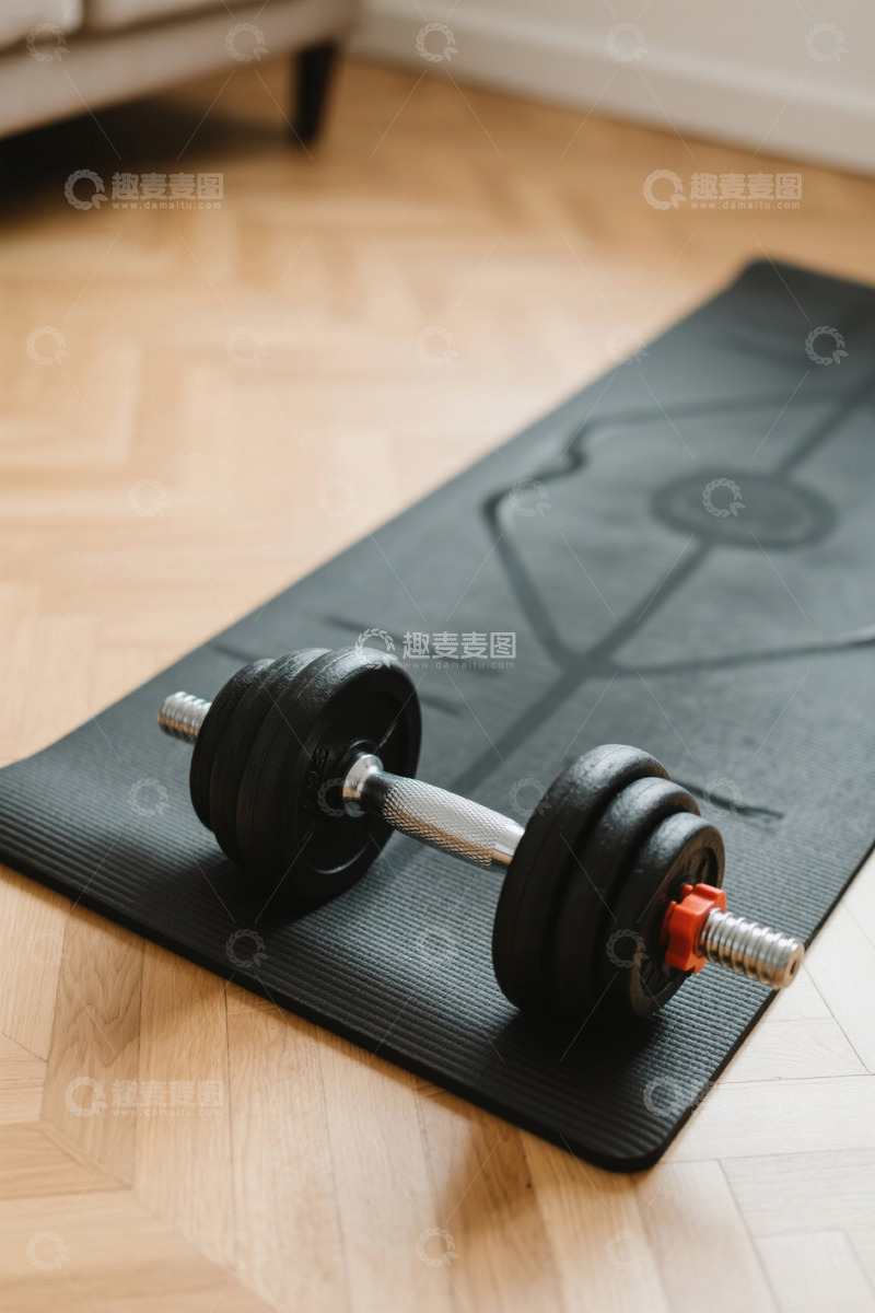 高清大图下载【趣麦麦图】室内哑铃与健身垫场景